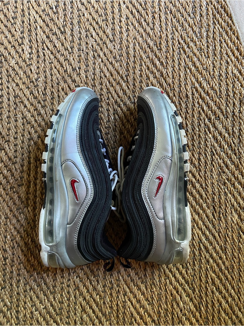 Nike Silver and Black Air Max 97 with Red Swoosh